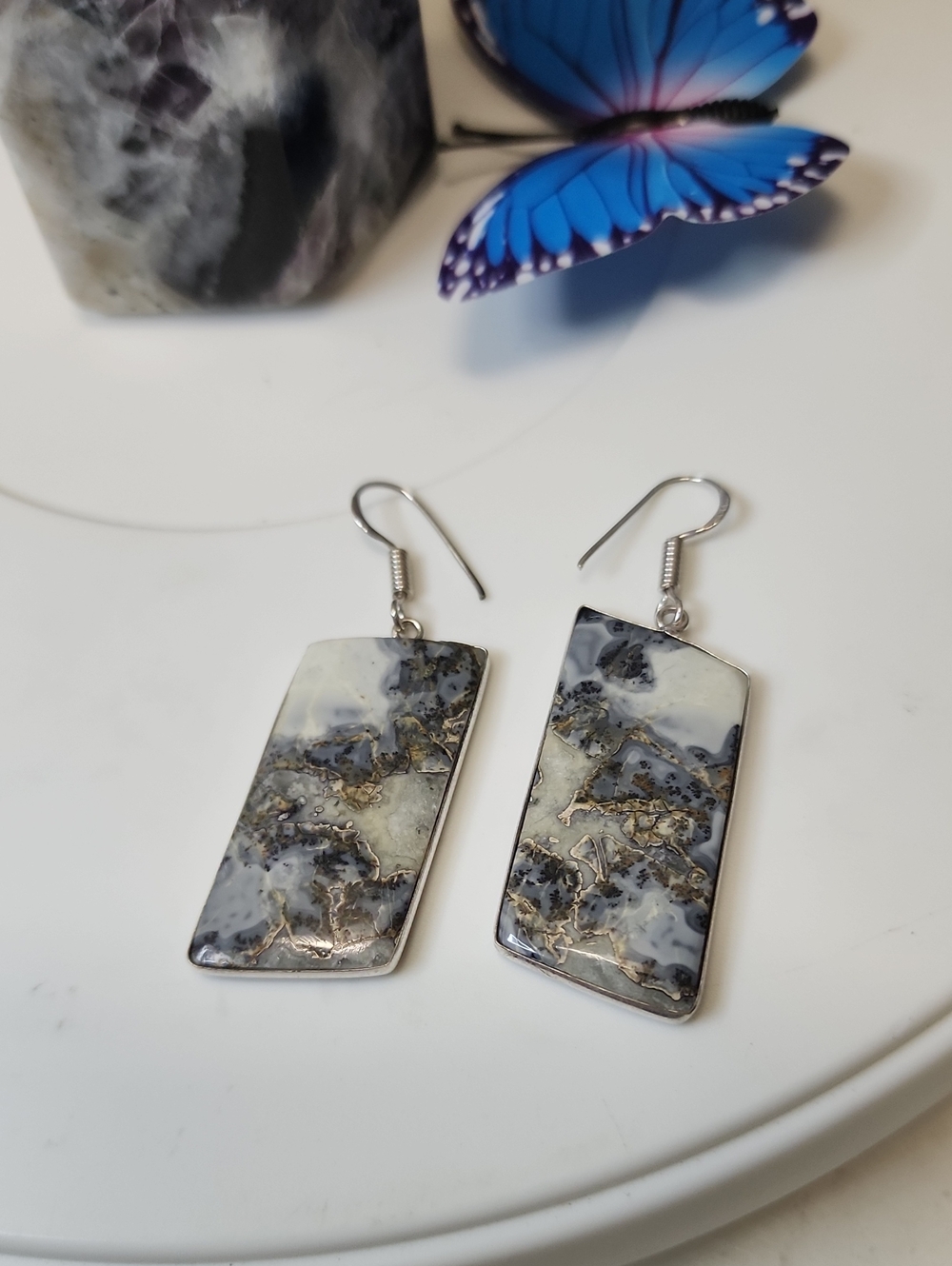 Handcrafted Gray Marble Rectangle Drop Earrings - Unbranded